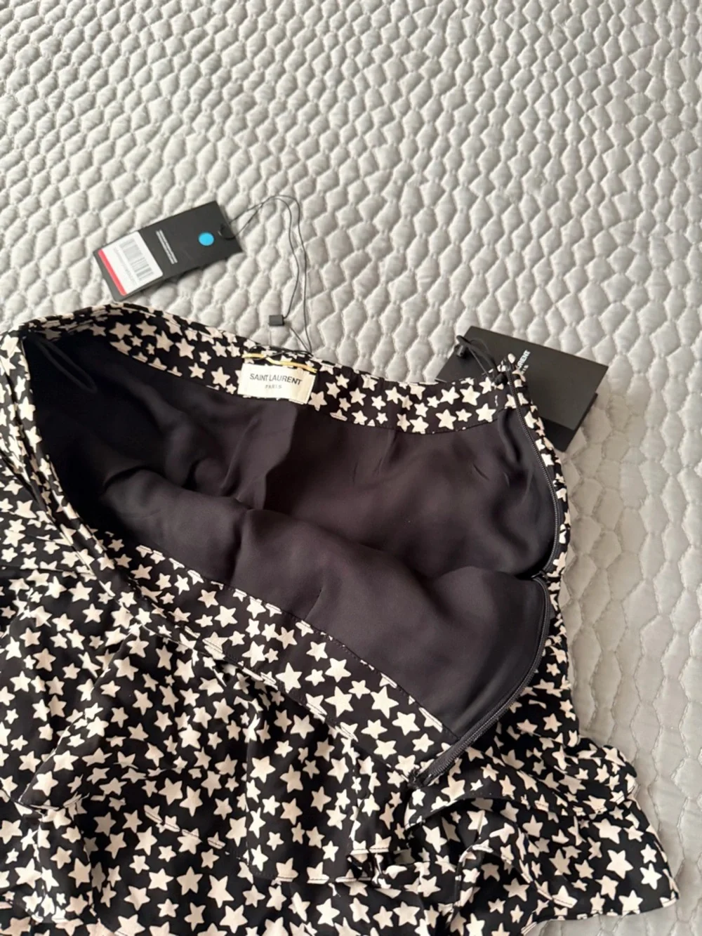 Saint Laurent Black Mini Skirt with White Star Print and Ruffle Hem - Picture 3 of 9